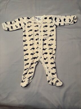 Petit Bateau Baby One-Piece Footed Sleeper in Cream with Navy Whale Print 6m
